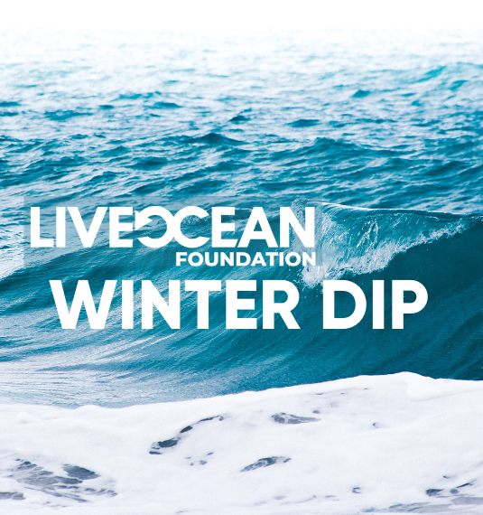 photo of ocean with text Live Ocean Winter Dip 2025 