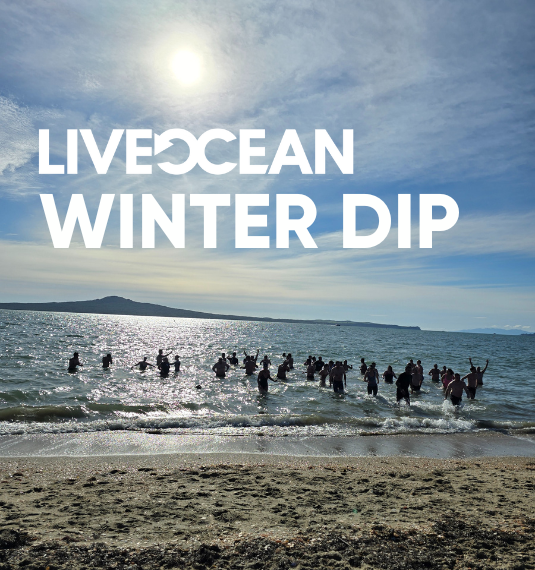 A group of the Generate team doing the Live Ocean mid-winter dip at Kohi beach in the sun in June 2025