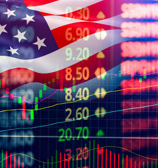 US flag and stock market numbers to represent the Nasdaq riding new highs in September 2025 | Generate