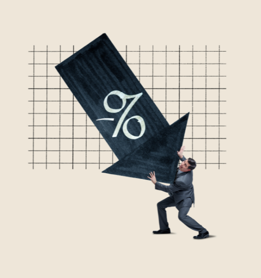 A man wearing a suit holding a giant down arrow with percentage sign to represent falling interest rates | Generate