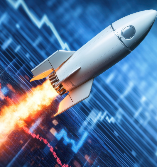 A rocket firing over a chart of rising stock prices to represent the surging US stock market | Generate