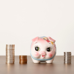 A pink piggy bank with some piles of coins around it to represent the comparison between managed funds and term deposits | Generate