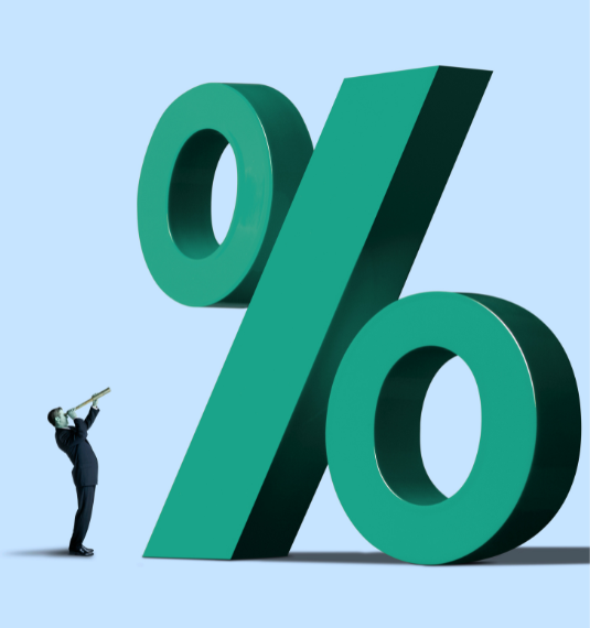Illustration of a man in a suit looking at a large percentage sign with a telescope to illustrate attention on interest rates for types of investments | Generate