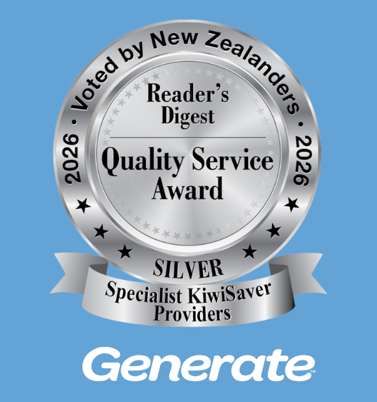 Official award badge for the Reader's Digest Quality Service silver award for KiwiSaver 2026 | Generate