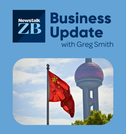 A tile with the words Business Update with Greg Smith and a picture showing a Chinese flag, to represent the topic of China's economy, markets, trade and currency as discussed on The Mike Hosking Breakfast/ 
