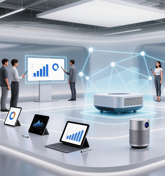 Graphic of people using AI-powered devices in a business setting to represent the boom in AI companies and their stock price ~ Generate