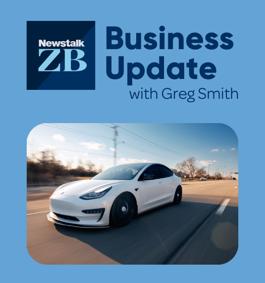A Tesla driving on a road with the heading Business Update with Greg Smith to represent discussion of Tesla's outlook and Elon Musk' pay package | Generate 