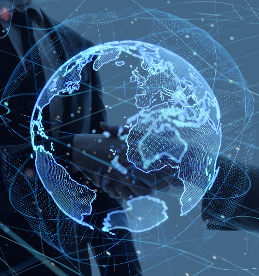 A blue globe shown on a screen to represent global markets, the S&P 500 and Dow