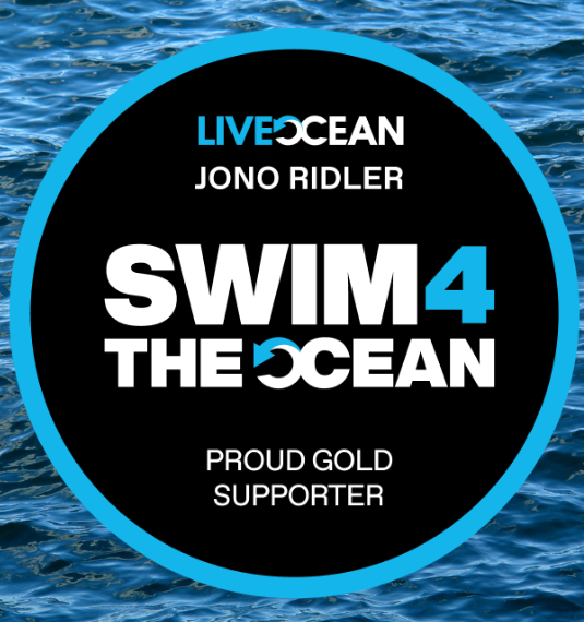 Swim4TheOcean supporter badge against an ocean background to represent Generate's support for the event and Live Ocean foundation