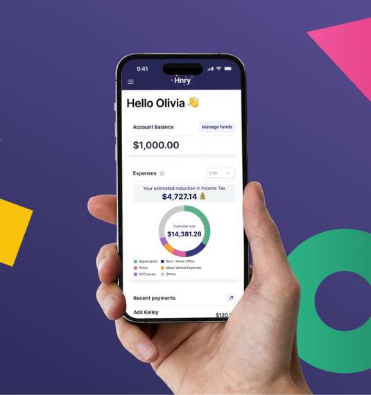 A hand holding a phone showing the Hnry app against a colourful background to represent Generate investing $10 million in the platform