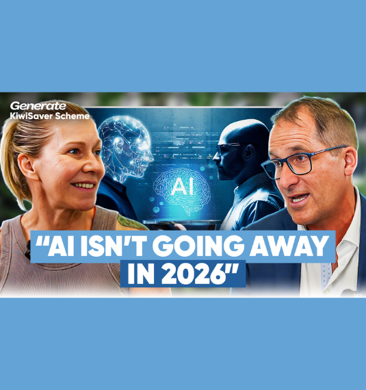 Generate's Paula Damen and Greg Smith facing each other talking, with AI computer imagery in background to represent the topic of 