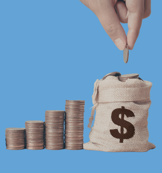 4 piles of coins and a sack with a dollar sign on it on a blue background, with a hand putting a coin into the sack to represent compounding returns, growing wealth and investing principles. | Generate