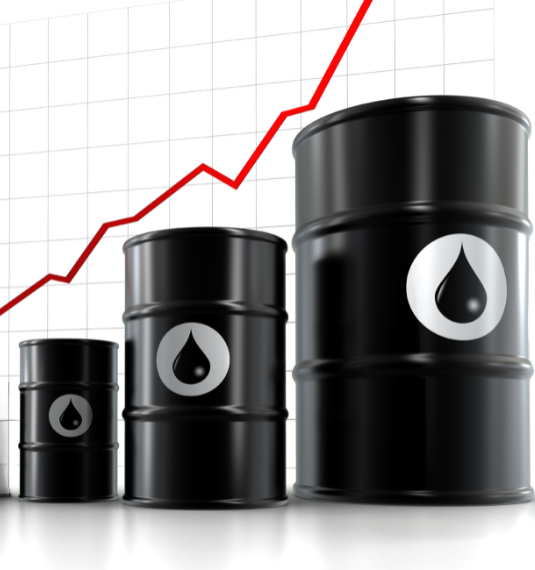 Three barrels of oil with a rising red graph line behind them to represent rising oil prices, Strait of Hormuz, US-Iran conflict and US foreighn policy | Generate