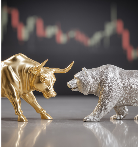 A gold figurine of a bull and a silver figurine of a bear with a stock market graph behind it to represent market volatility, the stock market and active versus passive investing