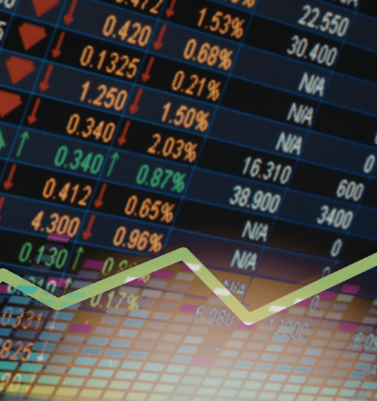 An electronic stock ticker showing prices with a green line trending upwards to represent the market rebound duing the US/Iran war | Generate