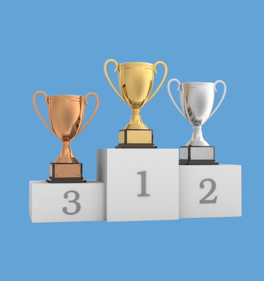 A podium with gold, silver and bronze cups to show 1st, 2nd and 3rd place to preresent Generate's top 3 poistion for 10-year KiwiSaver returns 90% of the time