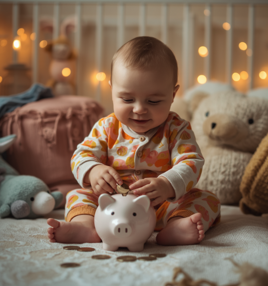 A baby in pajamas putting coins in a piggybank to represent KiwiSaver for children, KiwiSaver from birth and compulsory KiwiSaver | Generate