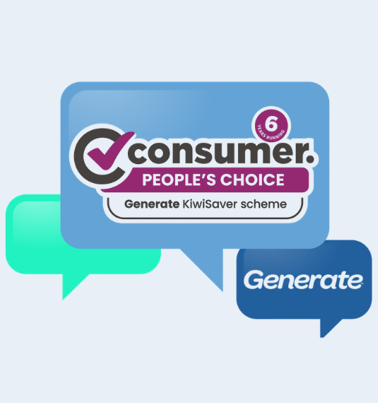 The Consumer NZ People's Choice Award badge and the Generate logo to represent Generate winning Consumer NZ People’s Choice Award for KiwiSaver for the 5th year in a row