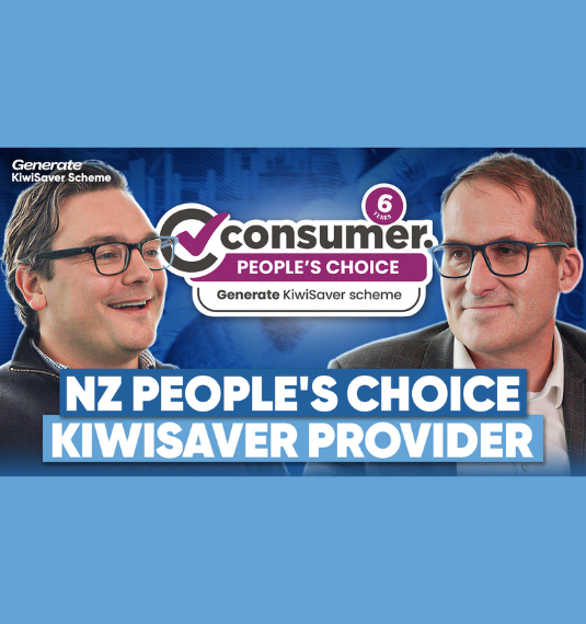 Head and shoulders photos of Generate's Matt Hanchet and Greg Smith with the Consumer NZ People's Choice Award badge for Kiwisaver to represent a video with content about Generate's 90% customer satisfaction rating in the awards, as well as recent market updates and strong Generate fund performance.s 