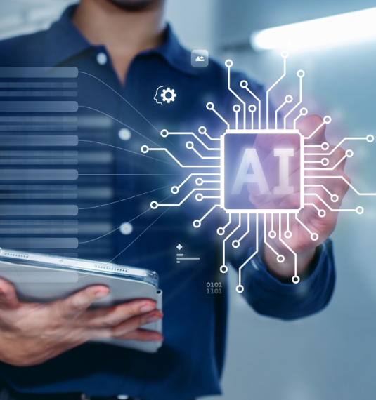 Torso of a man in blue shirt holding an iPad with a superimposed digital screen with the letters AI to represent AI productivity and the New Zealand economy | Generate