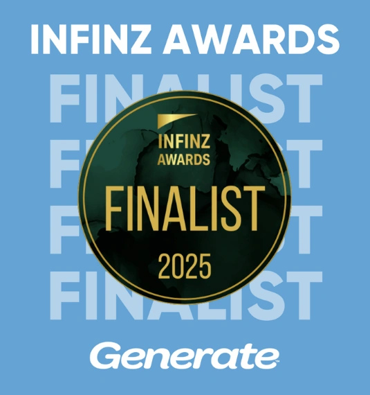 Gold and black INFINZ Finalist badge 2025 on a blue background with text saying Generate and Finalist