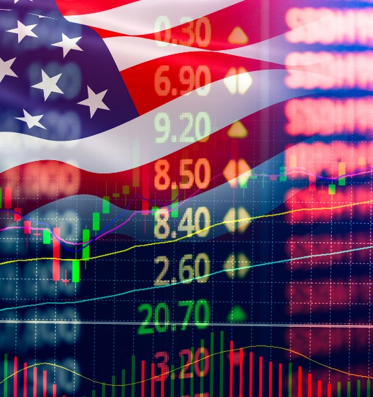US flag and stock market numbers to represent the Nasdaq riding new highs in September 2025 | Generate