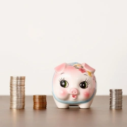 A pink piggy bank with some piles of coins around it to represent the comparison between managed funds and term deposits | Generate