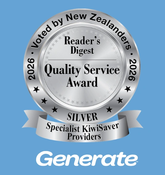 Official award badge for the Reader's Digest Quality Service silver award for KiwiSaver 2026 | Generate