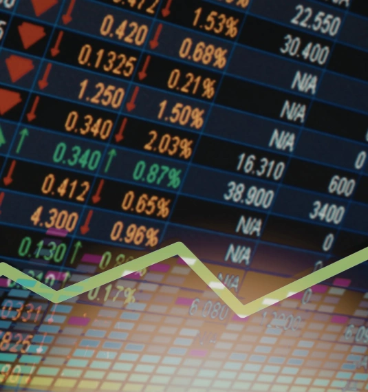An electronic stock ticker showing prices with a green line trending upwards to represent the market rebound duing the US/Iran war | Generate