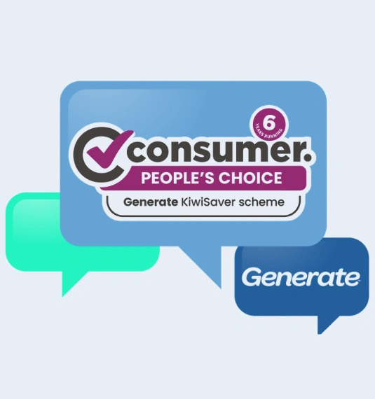 The Consumer NZ People's Choice Award badge and the Generate logo to represent Generate winning Consumer NZ People’s Choice Award for KiwiSaver for the 5th year in a row