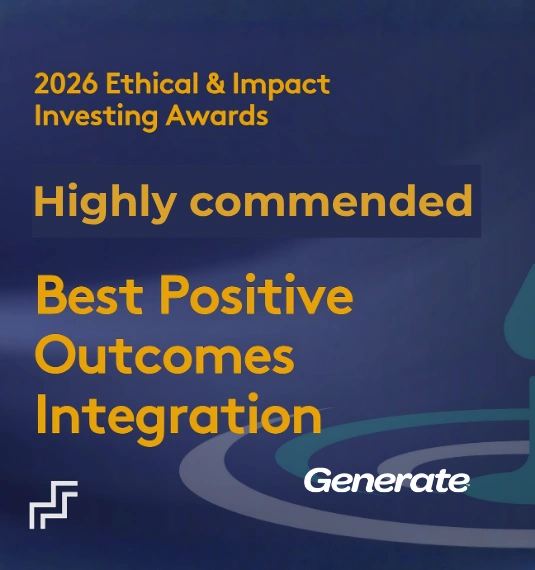 Gold text on a purple background stating that Gneerate is Highly Commended in the 2026 Mondful Money awards for Best Positive Outcomes Integration to prepresent responsible investing at Generate