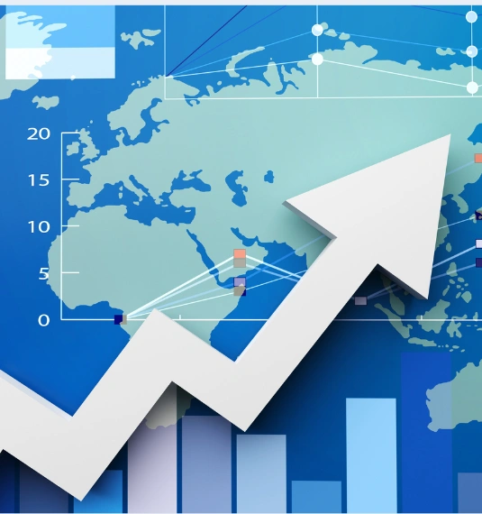 A white arrow pointing up over a map of the world and a market graph to represent market volatility, Iran war and rising KiwiSaver balances | Generate