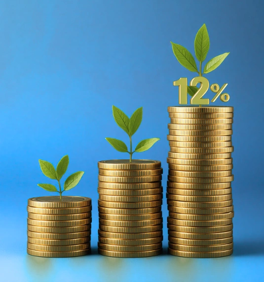 3 piles of coins of increasing height, each with leaves on top and a 12% sign to represent the push for 6% employer and employee KiwiSaver contributions, a 12% rise in savings | Generate
