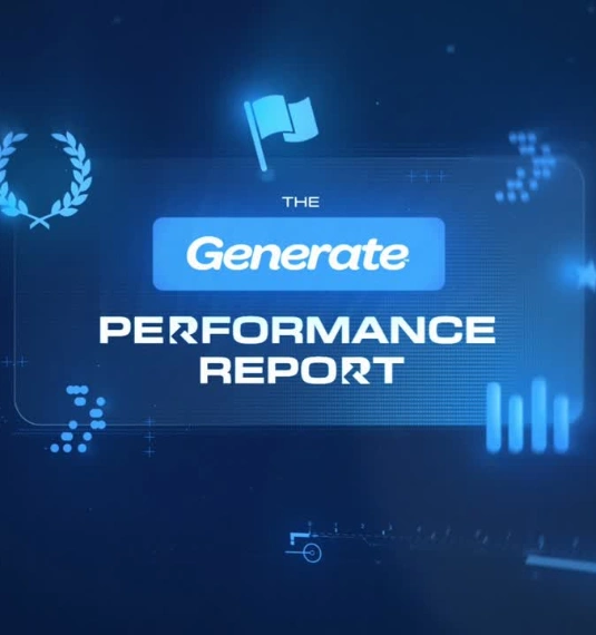 A TV screen with the words "Generate Performance Report" on a blue background with light blue icons representing sport and Generate's new ad campaign that champions performance.