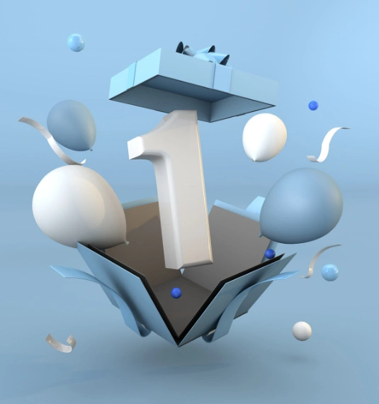 A white numeral 1 popping out of a blue gift box with balloons to represent the Generate Focused Growth fund being first for 10-year returns in the aggressive catgeory for the quarter ending June 2026.