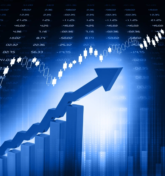 A blue arrow trending upwards with stock tickers behind it to represent NZX50 hitting record highs and what it means for KiwiSaver balances | Generate