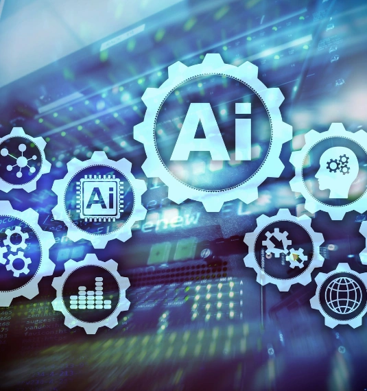 A graphic of various pale blue cogs interlocking with the letters AI on some of them to represent AI infrastructure, and investors becoming more discerning about AI | Generate