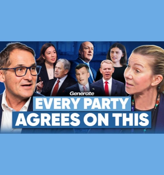 Video cover showing Generate commentators's faces and leaders of NZ political parties to represent potential changes to KiwiSaver with the NZ 2026 election | Generate